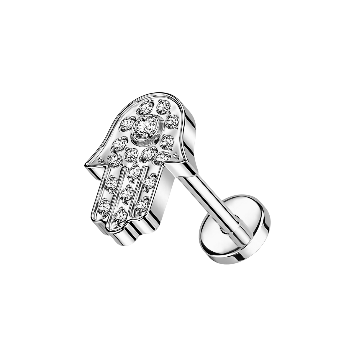 Shiny Fatima, piercing labret con la mano de Fátima, en plateado